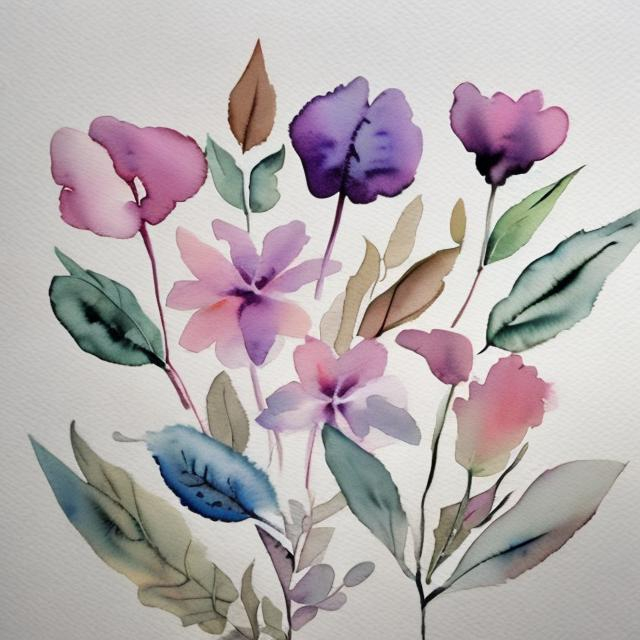 Prompt: watercolor flowers with stems and leaves