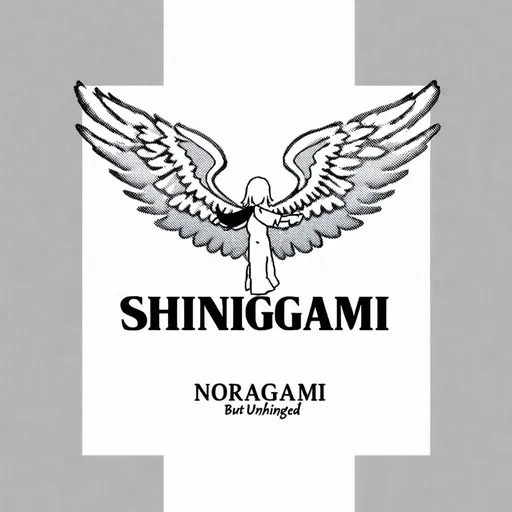 Prompt: A logo with a transparent angel saying "Shinigamiii - Noragami But Unhinged"