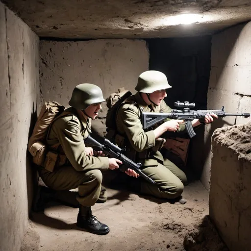 Prompt: Two german soldiers in a Bunker fighting against Pokémon with rifles 