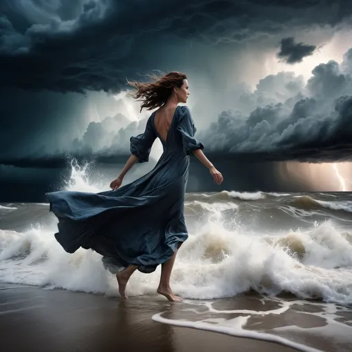 Prompt: /imagine prompt: A photograph of a woman, dressed in a flowing dress, stepping into the ocean, facing an oncoming storm. She stands tall and fearless, embodying courage. The storm clouds loom large, lightning crackles in the distance, and waves crash around her feet. Created Using: dramatic lighting, high contrast, detailed storm clouds, realistic water effects, dynamic pose, powerful expression, cinematic quality, hd quality, natural look --ar 16:9 --v 6.0