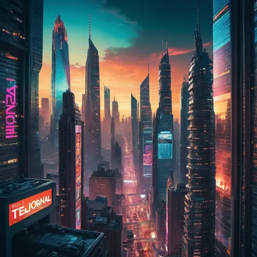 Prompt: a stunning sci-fi movie poster titled "Telejornal", vibrant and dynamic, featuring a futuristic cityscape with towering skyscrapers