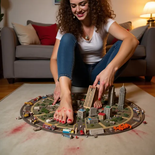 Prompt: "A hyper-realistic image of a mega giantess woman casually crushing a shrunken, hyper-detailed, and realistic microscopic city on her living room floor with her bare feet. She is sitting comfortably on her couch, looking down with a playful smile as she admires the sole of her left foot. Her right foot hovers over the intricate cityscape, her toes spread wide, revealing faint, red, human-shaped stains and smeared marks on her skin, adding a sinister narrative. The city is rendered with extreme detail, featuring tiny, recognizable skyscrapers, streets, cars, and people amidst visible destruction. Her hand reaches into the city, causing additional chaos, toppling buildings, and scattering debris. The lighting and textures enhance the realism, with the city appearing vividly lifelike in contrast to her immense scale."

