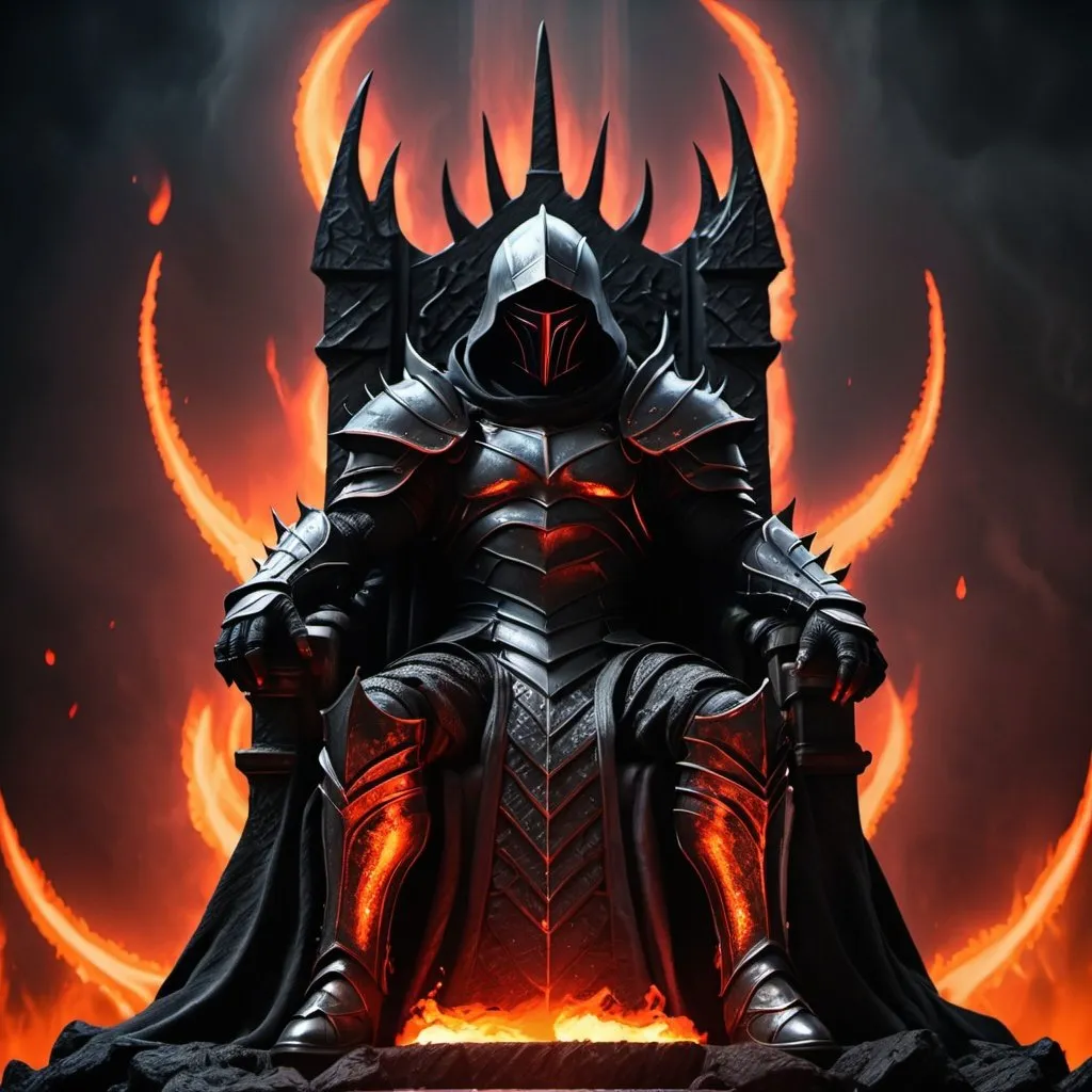 Prompt: Dark lord on a throne of swords, lava armor, pitch-black hood, ominous atmosphere, highres, detailed, fantasy, dark fantasy, menacing, lava armor, detailed throne, sinister, intimidating presence, atmospheric lighting