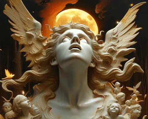 Prompt: (Bernini's Sculpture "St. Theresa on Fire"), the angel stabbing Theresa in the heart with a golden arrow as she writhes in ecstasy, wild forest fire, surrounded by ethereal moths and playful fairies, spectral children and gentle ghosts, mystical atmosphere, illuminated by a (gigantic harvest moon), dramatic lighting, vibrant colors, swirling flames, enchanting ambiance, detailed textures of flames, ultra-detailed, surreal scene, cinematic masterpiece.