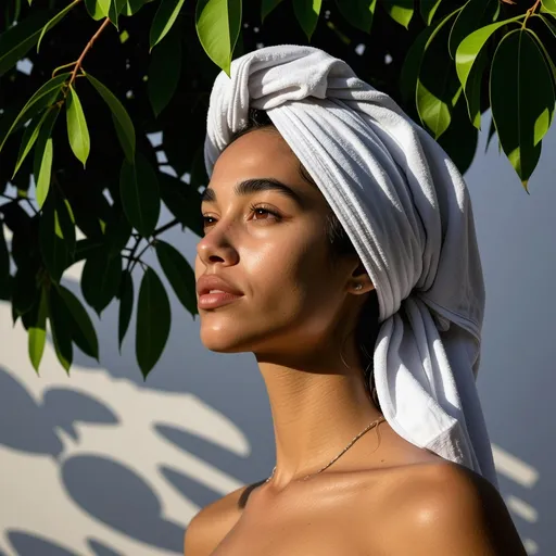 Prompt: a woman with a towel on her head and a tree in the background with leaves on it and a light shining on her face, Bouchta El Hayani, aestheticism, profile picture, a stock photo