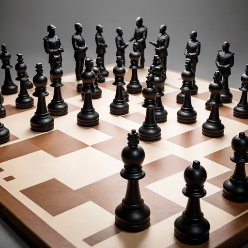 Prompt: Create a chess board with pawns as face of soldiers and king as country