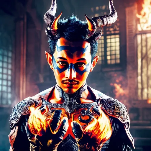 Prompt: Hyper-realistic illustration of a Tiefling character with fiery hands, fantasy RPG game art, detailed demon horns, intense fiery glow, intricate armor and weapon, high quality, hyper-realistic, fantasy RPG,cool tones, detailed fire effects, professional, atmospheric lighting