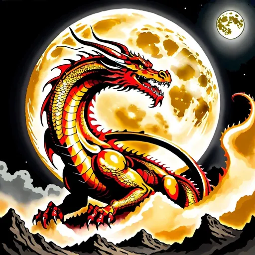 Prompt: Golden dragon devouring the moon