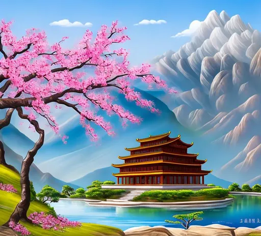 Prompt: Bauhinia+blakeana flowers,grass,mountain,lake,sunny,house,water painting
