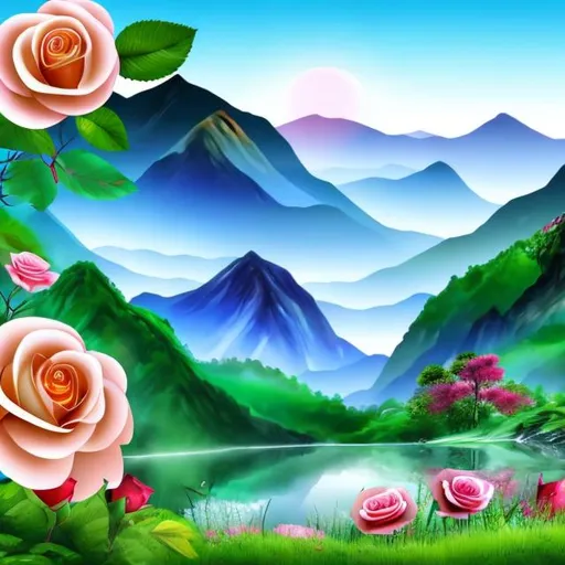 Prompt: Beautiful roses,Grass,Mountain,Chinese water painting,near a river,trees
