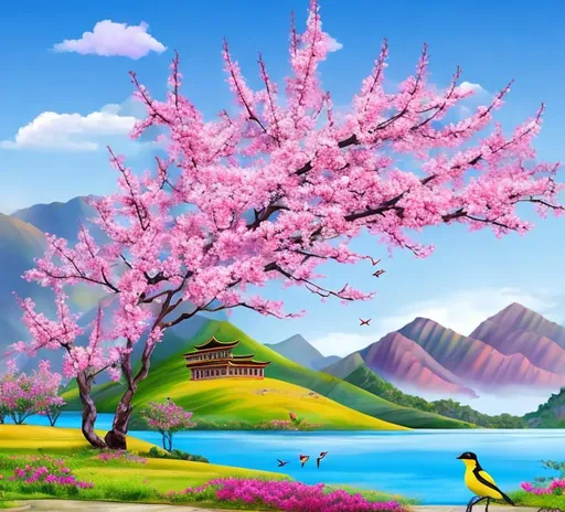 Prompt: Bauhinia+blakeana flowers,grass,mountain,lake,sunny, house,water painting,realistic,colourful,birds