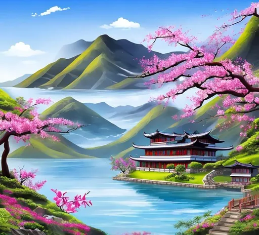 Prompt: Bauhinia+blakeana flowers,grass,mountain,lake,sunny,house,water painting