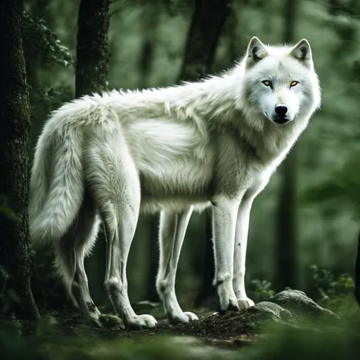 Prompt: A white wolf in a forest
