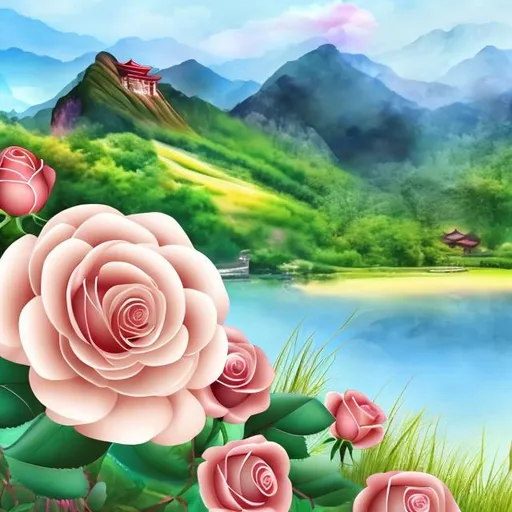 Prompt: Pretty rose,Grass,Mountain,Chinese water painting,near a river,trees
