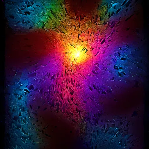 Prompt: depicts an abstract, highly detailed digital artwork. The central focus is a dynamic explosion of vibrant colors, primarily featuring shades of neon colors, bright colors, and vivid colors. The composition appears to be a fractal or crystalline structure with sharp, jagged edges radiating outward in all directions. The lighting within the piece is intense, casting highlights and deep shadows that add depth and complexity to the forms. The overall effect is a mesmerizing, almost otherworldly scene that combines elements of chaos and beauty in a strikingly modern and digital aesthetic.