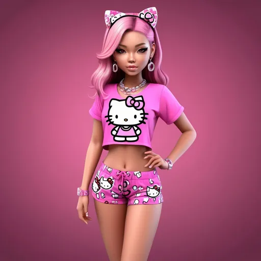 Prompt: * Vibrant 3D cartoon style depiction of a charming IMVU model, adorned in a playful pink Hello Kitty crop top pajama set, featuring large expressive Hello Kitty patterns, micro mini shorts, accentuated by a sparkling layered diamond chain necklace highlighting a prominent Hello Kitty pendant, character design outlining a perfect balance of skinny and thick attributes, completely clothed model radiating confidence, long, luxurious false lashes drawing attention to beautifully done makeup, complemented by striking long acrylic nails painted in matching pink hues, within a dpearlescentelightful pink Hello Kitty-themed room, accented by plush furry pillows and cozy pink furniture creating an inviting atmosphere,  skin gleaming softly under the room’s cheerful lighting, focal point arrangement emphasizing the character with background elements playfully framing the scene, studio-quality resolution that captures the enchanting details of her attire and lively room design, dynamic composition guiding the viewer's eye from the model to the enchanting surroundings, interplay of bright colors and soft textures, exuding a cozy and whimsical ambiance embraced by a contemporary kawaii aesthetic.