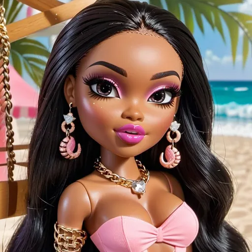 Prompt: Bratz doll from the early 2000s, doll photography, picture of bratz doll, 2000s nostalgia, bratz fashion, Bratz doll wearing all pink y2k outfit of baggy cargo pants and a cute pink tight crop top, long hair, big curls, long curtain bangs,  long acrylic nails, fake nails, nails professionally done, gel acrylic nails long square nails, long square acrylic nails  professionally done, nail art, nail art design,  nail design, acrylic nail style, square nails, gel coated nails. instagram model, instagram baddie, baddie, skinny and curvy body build, low cut shirt, crop top, makeup professionally done by a MAC makeup artist. stable heads, embedded with almond-shaped eyes and huge glossy lips, plus movable arms and legs. Full lips, false eyelashes,  hyper detailed eyes, bratz doll, bratz, bratz doll wearing Diamond rapper chain, hyper realistic, hyper detailed eyes,  bratz doll facial features, contoured facial features,  high cheek bones, hyper detail, clarity, baddies fashion, full body view, head to toe view  in the photo ,  instagram model, Ig model, Ig baddie, Ig baddie fashion, baddie fashion, doll fashion, doll clothes, bratz doll made in 2000, modern bratz doll, nostalgic fashion of the 2000's, nostalgic Bratz dolls of the 2000's, bimbo, 10k, hd, uhd, 65mm