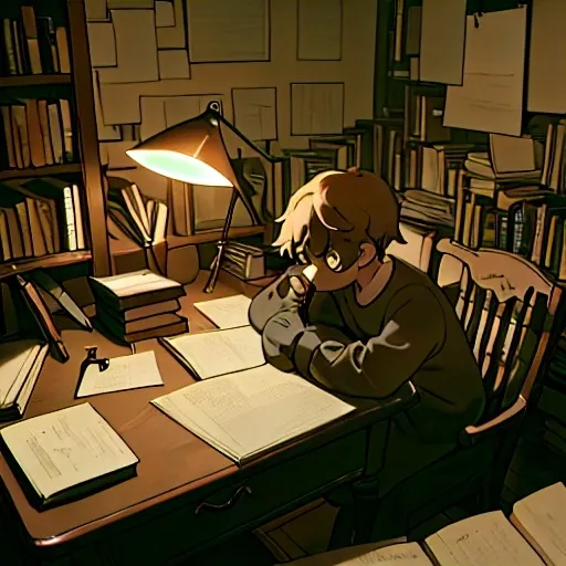 Prompt: A kid in a room studing hard for an exam with alot of books on the table 