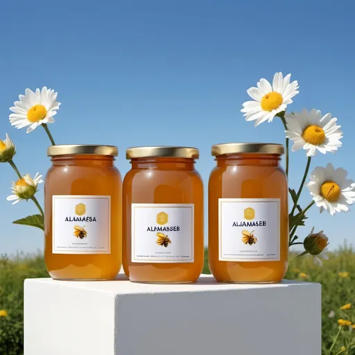 Prompt: Create an image with a large empty space, featuring three jars of white honey, each with a different size, placed on pedestals against a realistic and natural blue sky background with some flowers behind the pedestal. Ensure that the brand  Almanseb  is prominently displayed on the jars and include contact information at the .bottom of the image