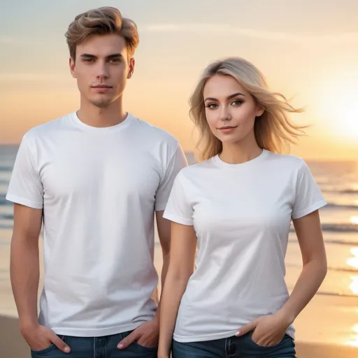 Prompt: Fashion mock up, create a full length portrait of a beautiful young couple. The man is plump tall American man with short brown hair. The woman is a American plump young woman with blonde hair and beautiful makeup. They are both wearing white Gildan 5000 t-shirt. The t-shirts are blank, no design or pattern,high quality, 8K Ultra HD, A beautiful double exposure that combines an goddess silhouette with sunset coast, sunset coast should serve as the underlying, Every facial feature is meticulously rendered, good view
