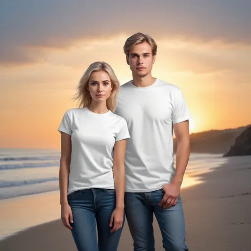 Prompt: Fashion mock up, create a full length portrait of a beautiful young couple. The man is plump tall American man with short brown hair. The woman is a American plump young woman with blonde hair and beautiful makeup. They are both wearing white Gildan 5000 t-shirt. The t-shirts are blank, no design or pattern,high quality, 8K Ultra HD, A beautiful double exposure that combines an goddess silhouette with sunset coast, sunset coast should serve as the underlying, Every facial feature is meticulously rendered, good view