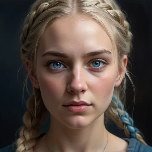 Prompt: A fiercely proud Nordic girl stands, her presence exuding unwavering strength. Her blonde braids cascade down her back, framing a face marked by determination and resilience. This stunning portrait captures her piercing blue eyes.high quality, 8K Ultra HD, hyper-realistic portrait of a captivating woman, The woman is portrayed in a moonlit setting, her features bathed in a soft, diffused glow that accentuates the delicate nuances of her expression. The artist, drawing from Sargent's precision, captures every subtle contour of her face, the intricacies of her gaze, and the cascading strands of her hair, In this mysterious ambiance, the artist employs da Vinci's mastery of shadow and light, creating an alluring interplay that accentuates the enigmatic aura surrounding the woman,