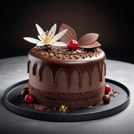 Prompt: Create a super realistic 8K food photo with a beautiful chocolate cream cake made in molecular kitchen style and beautifully decorated with intricate details. The combination should reflect Michelin star presentation, with a focus on excellent plating and attention to detail reminiscent of Diane Coe and Todd Porter's signature style. Capture the essence of culinary art while showcasing the unique appeal of chocolate cream cake.
 