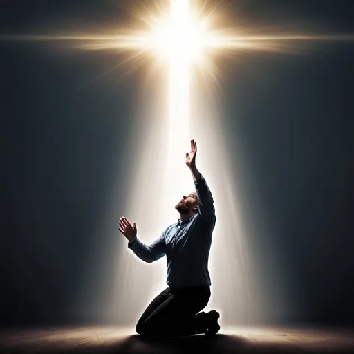 Prompt: Hand of God raised high with light over head of a man on his knees