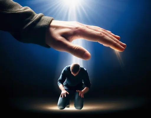 Prompt: a photograph of a person kneeling in front of a hand reaching out towards a person with a light shining on it