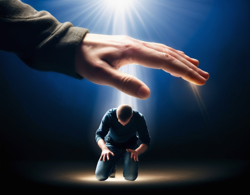 Prompt: a photograph of a person kneeling in front of a hand reaching out towards a person with a light shining on it