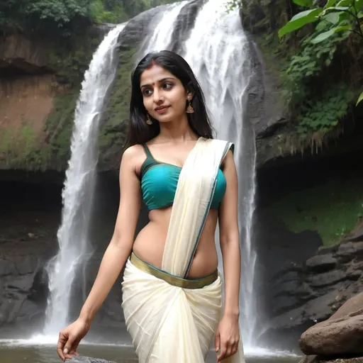 Prompt: pale beauty without saree at the waterfall. Skinny, Big chest. Hot waist.