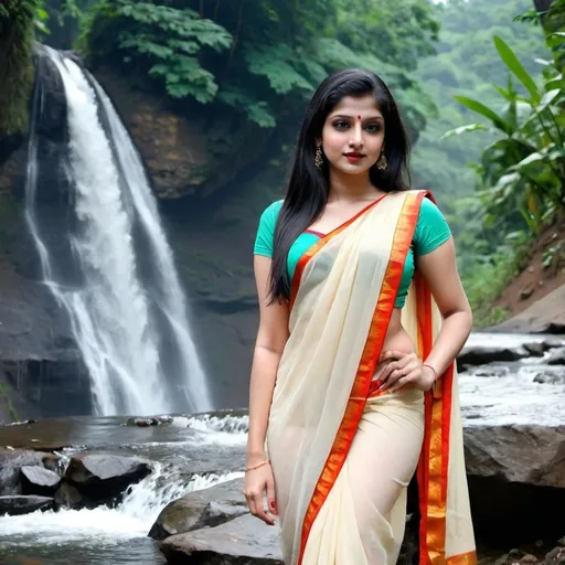 Prompt: pale beauty in saree at the waterfall. Hot legs and navel.