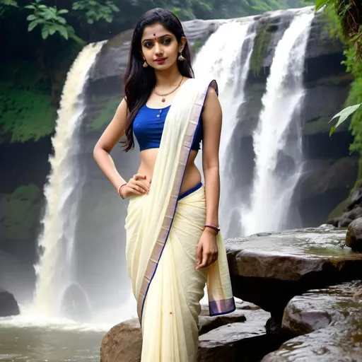 Prompt: pale beauty without saree at the waterfall. Skinny long waist.