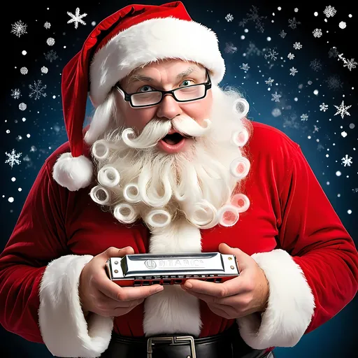 Prompt: Santa keep the diatonic harmonica  in his arms and show harmonica with 10 holes to cildren