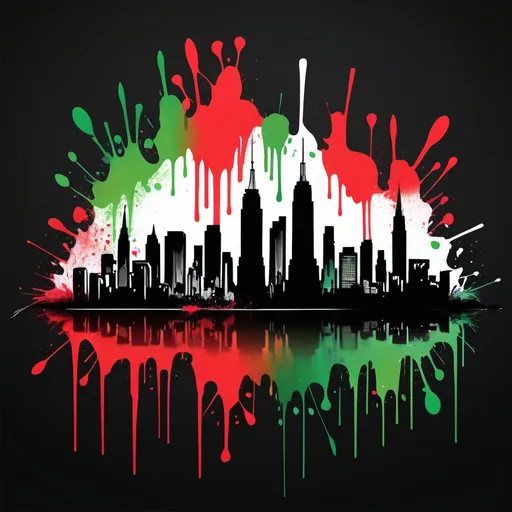 Prompt: Red, green, black graffiti logo, nyc skyline, graffiti arrows, paint drip, modern, dynamic, no words, black ombre background, vibrant colors, paint splatter