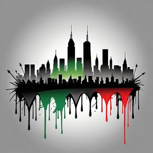 Prompt: Red, green, black graffiti logo, nyc skyline, graffiti arrows, paint drip, modern, dynamic, no words, gray to black ombre background,  vibrant