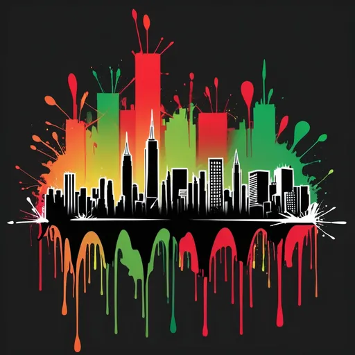 Prompt: Red, green, black graffiti logo, nyc skyline, graffiti arrows, paint drip, modern, dynamic, no words, black ombre background, vibrant colors, paint splatter