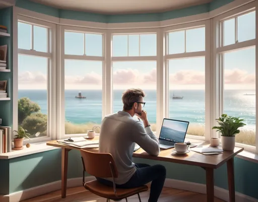 Prompt: photorealistic, (freelance copywriter) contemplating at a (modern) desk, seated in front of a laptop, serene seascape visible through the (large bay window), soft natural light illuminating the space, (bright colors), inspiring atmosphere, cozy yet professional ambiance, (ultra-detailed), thoughtful expression, scattered notes and coffee cup on the desk, peaceful reflections of the ocean scene outside, minimalistic décor.