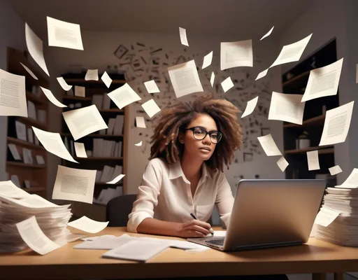 Prompt: (photorealistic) image of a woman searching for a job as a copywriter, surrounded by (floating) texts and ideas, (creative atmosphere) brimming with inspiration, (subtle warm tones) casting a hopeful glow, (modern workspace) elements like a laptop, notes scattered around, (highly detailed) beyond vibrant, (4K resolution) capturing every nuance and emotion of her determination.