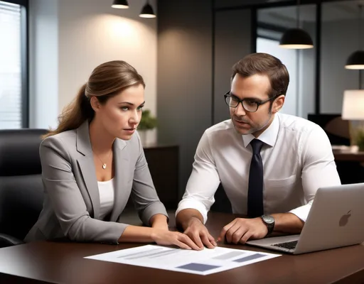 Prompt: (photorealistic) an engaging office setting, man and woman seated face to face, woman pointing at document, man focused on laptop, modern office decor, sleek furniture, warm lighting casting soft shadows, professional attire, detailed facial expressions, indicative of collaboration, high definition, ultra-detailed ambiance, delivering an engaging atmosphere of communication and productivity.