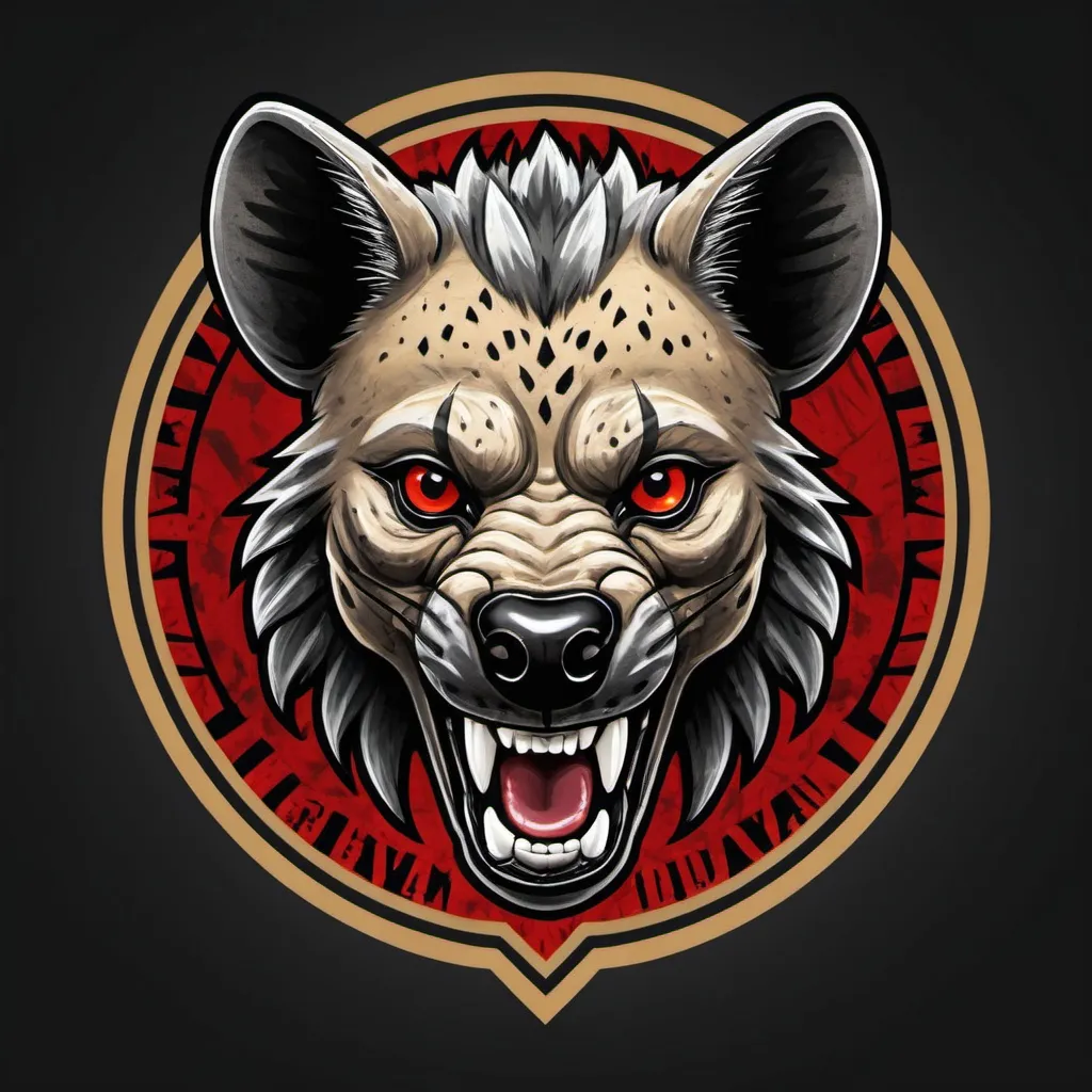 Prompt: Hyena mascot emblem for RAID FC football club, fierce and determined design, detailed fur with intense markings, strong and bold posture, menacing and powerful gaze, tribal and modern fusion, high quality, detailed, emblem, fierce, tribal, bold, intense fur, determined, menacing, powerful, modern, emblem, professional, highres, detailed, never give up, never back down, football club logo, tribal fusion, dominant presence