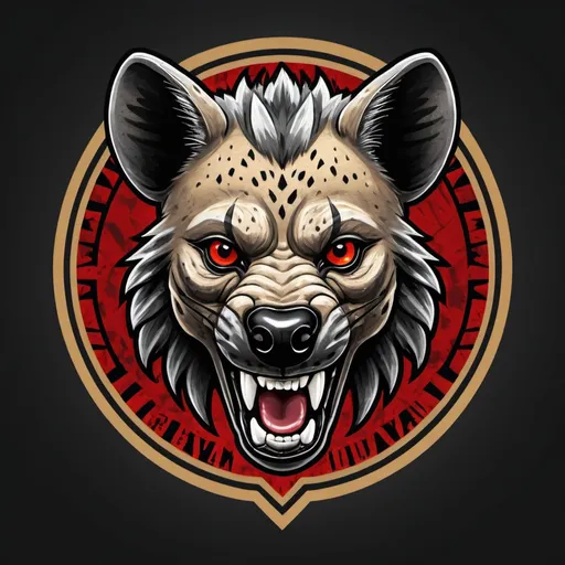 Prompt: Hyena mascot emblem for RAID FC football club, fierce and determined design, detailed fur with intense markings, strong and bold posture, menacing and powerful gaze, tribal and modern fusion, high quality, detailed, emblem, fierce, tribal, bold, intense fur, determined, menacing, powerful, modern, emblem, professional, highres, detailed, never give up, never back down, football club logo, tribal fusion, dominant presence