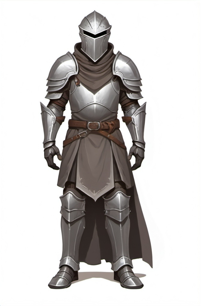 Prompt: helmeted faceless man in simple armor with gray details, fantasy character art, illustration, dnd,