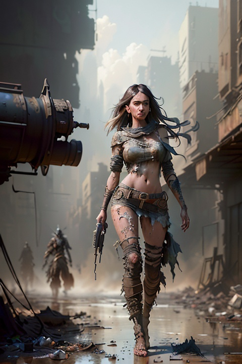 Prompt: modelshoot style, (extremely detailed CG unity 8k wallpaper), full shot body photo of the most beautiful artwork in the world, detailed (full body shot) of female post apocalyptic woman, beautiful, stunning, ((worn dirty clothes)), in destroyed city, professional majestic oil painting by Ed Blinkey, Atey Ghailan, Studio Ghibli, by Jeremy Mann, Greg Manchess, Antonio Moro, trending on ArtStation, trending on CGSociety, Intricate, High Detail, Sharp focus, dramatic, photorealistic painting art by midjourney and greg rutkowski