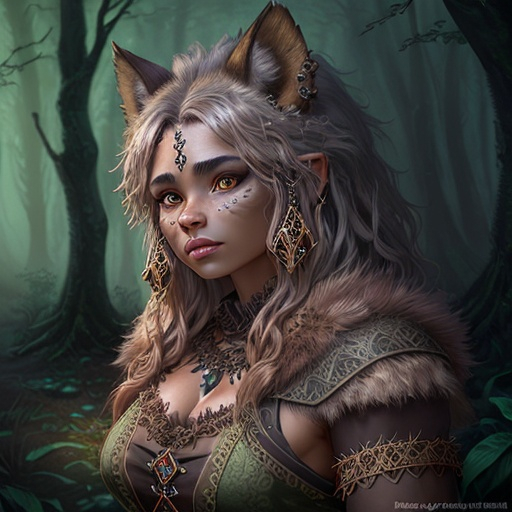 Prompt: beautiful female gnoll, fantasy digital art, intricate fur details, piercing gaze, mystical forest backdrop, high quality, detailed, fantasy, digital art, fur texture, enchanting, woodland, warm tones, ethereal lighting