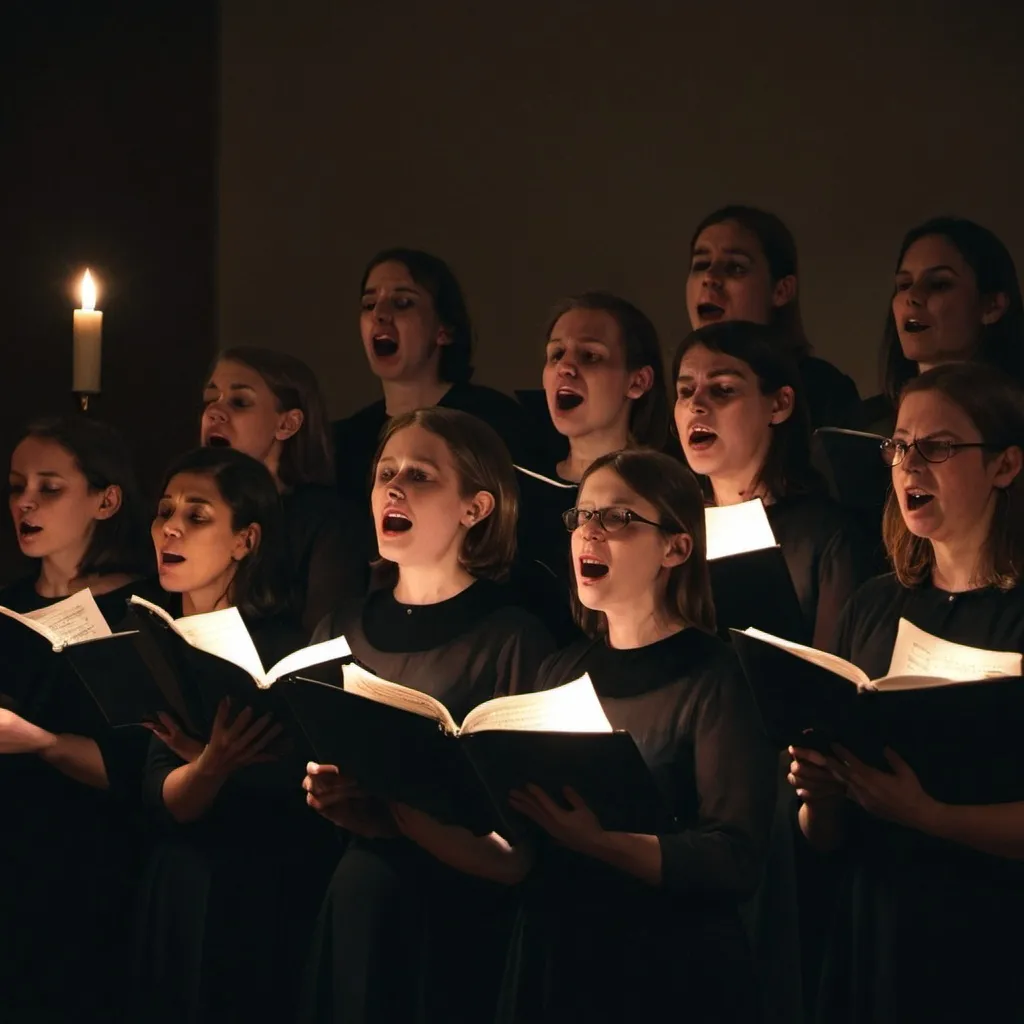 Prompt: a choir in a dark rrom
