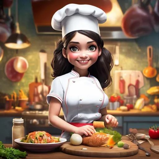 Prompt: Chef girl wearing a chef's hat, professional kitchen setting, high-quality photography, realistic, warm lighting, smiling expression, detailed features, culinary arts, vibrant colors, engaging gaze, cooking utensils in the background, authentic, food industry, highres, warm lighting, realistic, culinary arts, engaging gaze, vibrant colors, detailed features, professional