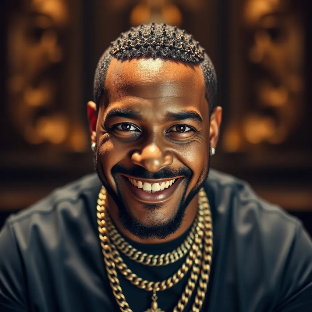 Prompt: Successful wealthy man for a pfp looking straight into the camera smiling while wearing jewelry