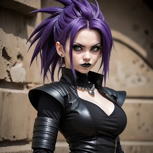 Prompt: Create a high-quality digital image of a Gothic female character in the style of Dragon Ball. The character should have a strong, curvaceous physique with well-defined muscles and curves. She should have pale skin, with dark, dramatic makeup including black eyeliner and lipstick. Her hair should be long and black, possibly with streaks of vibrant colors like purple or red, styled in a spiky or wild manner typical of Dragon Ball characters. Her outfit should blend Gothic fashion with the iconic martial arts attire from Dragon Ball, including elements like a dark, fitted bodysuit with intricate designs, gloves, boots, and possibly a flowing cape or coat. Accessories like chokers, belts with studs, and fingerless gloves can enhance the Gothic aesthetic. The background should be a dynamic, dramatic environment reminiscent of the Dragon Ball universe, with rocky landscapes or an otherworldly battlefield, and energy effects that highlight the character's power. The image quality should be exceptional, capturing the vibrant and detailed style of Dragon Ball, with a focus on the character's physical details and Gothic fashion.