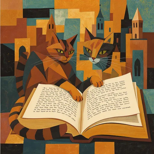 Prompt: A cubist-style illustration of a playful cat interacting with a large, stylized book page. The cat and page are made of sharp geometric shapes with moderate detail and subtle shading. The background is an abstract cubist cityscape, symbolizing a city built of knowledge and stories. Vibrant but harmonious palette with terracotta, teal, ochre, and black. Clean, modern composition ideal for fabric print